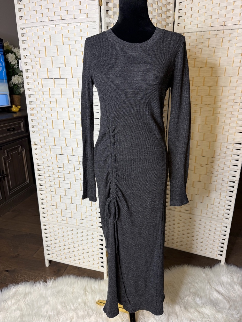 Michael Stars Charcoal Gray Long Sleeve Ruched Maxi Dress